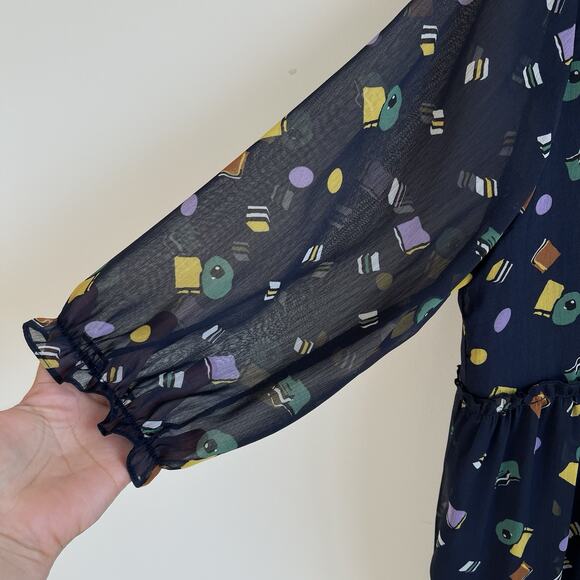 Jian Ruyi 2XL Blue Printed Semi Sheer Tiered Midi Dress Sheer Puff Sleeves - Picture 4 of 11